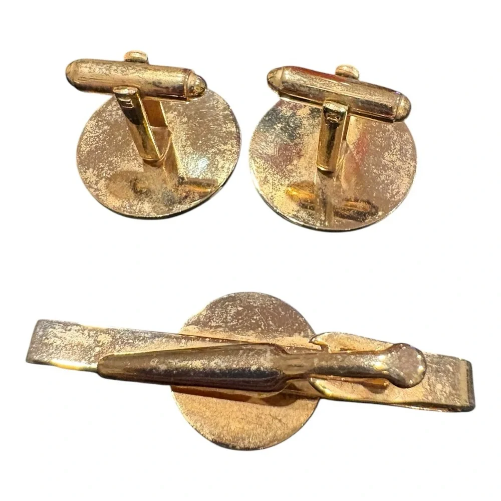 Vintage Mother of Pearl Initial C Tie Bar Cufflinks Set J23